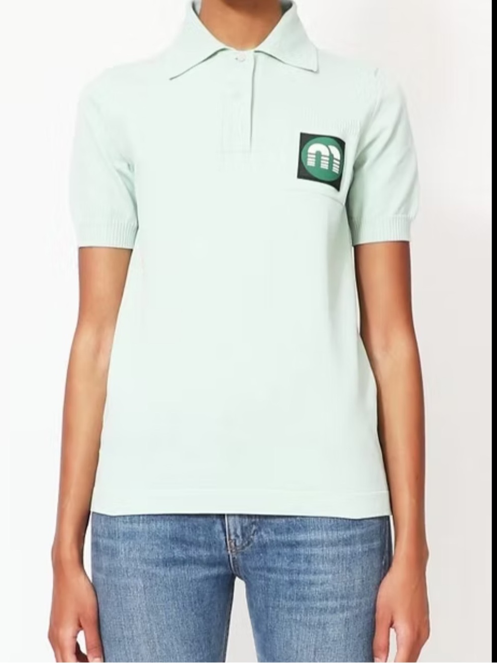 MIU MIU Cotton Mechanic Mint Green Applique Patch Knit Polo Shirt Women SZ Small